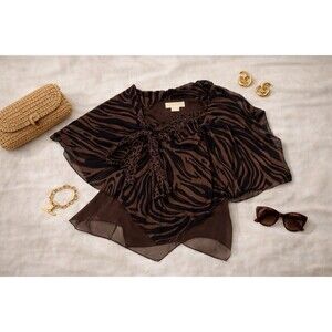 MICHAEL Kors 100% Silk Animal Print Poncho Top | Zebra Chiffon Tie | M